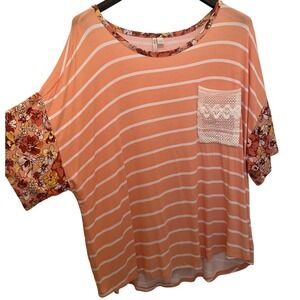 Cato Plus Size Peach White Stripe Floral Sleeve Lace Pocket Top 22 24W loose